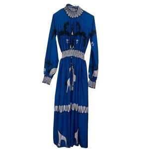 Sunday Up Dress Size L Blue Horse Print Smocking High Neck Maxi Equestrian Long